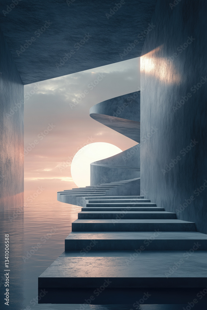 Stunning modern architecture with spiral stairs next to water during sunset