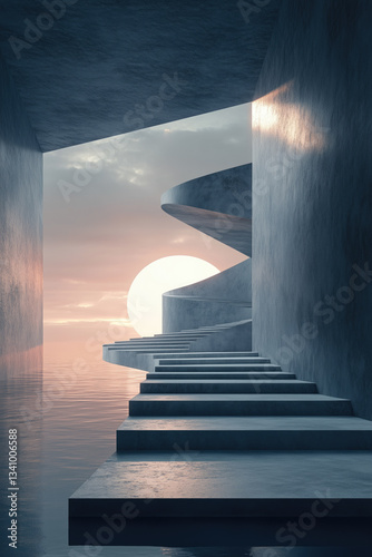 Obraz na płótnie Stunning modern architecture with spiral stairs next to water during sunset w salonie