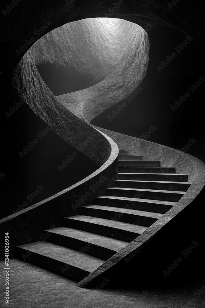 Dramatic spiral staircase leading to a softly lit cave in striking monochrome design
