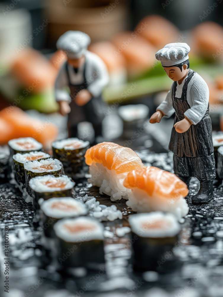 Miniature chefs create sushi rolls with intricate detail