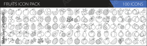 Fruits Icon Pack - 100 Line Art Icons - A set of 100 minimalist line icons depicting various fruits, including apples, oranges, bananas, berries, and exotic tropical fruits for design use.  

