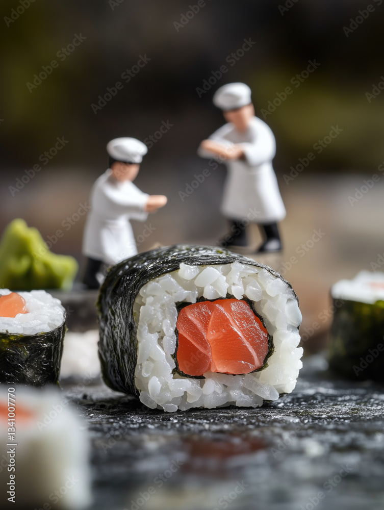 Miniature chefs create sushi rolls with intricate detail