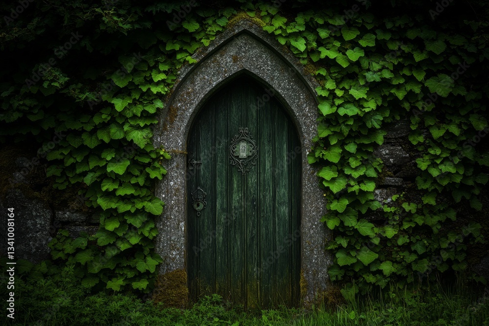 Fototapeta premium A forgotten mausoleum covered in ivy, its stone door slightly ajar