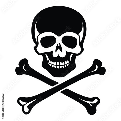 Black and white skull crossbones icon vector symbol, silhouette illustration