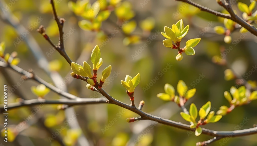 Tiny green buds and leaves emerge from bare branches, signifying spring, springtime, season Tiny green buds and leaves emerge from bare branches, signifying spring, springtime, season