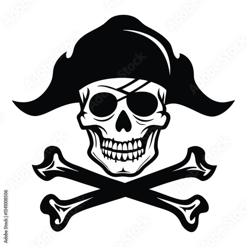 Black and white skull crossbones icon vector symbol, silhouette illustration