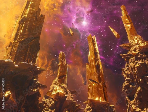 Ethereal Alien Ruins Floating in the Cosmos Golden Luminescent Spires and a Glowing Purple Nebula in the Distance