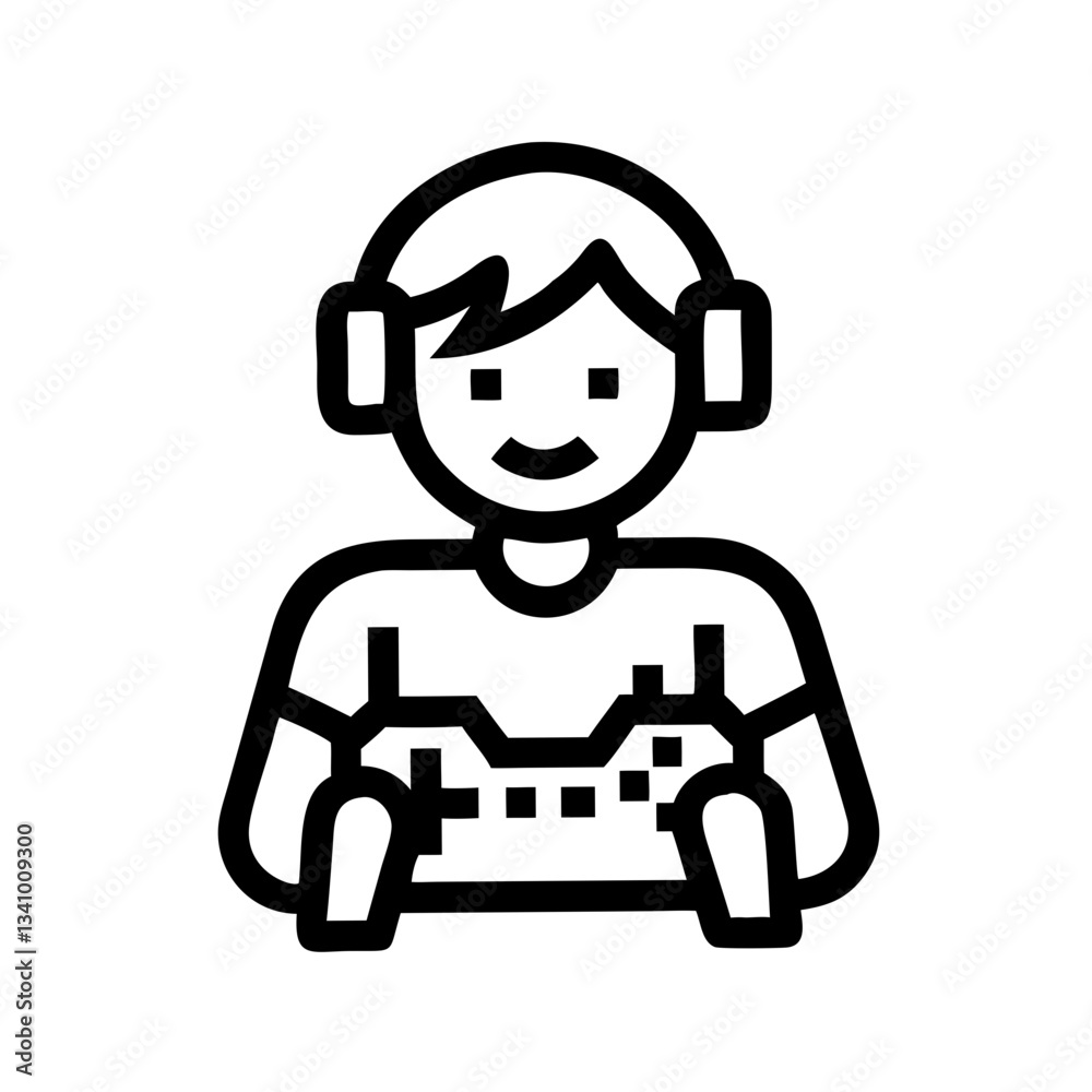 Smiling teenager with headphones playing video games, engaged in digital entertainment
Smiling teenager with headphones playing video games, engaged in digital entertainment