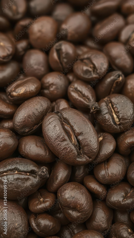 Fototapeta premium Dry, oily, roasted coffee beans, close-up texture, dark, image