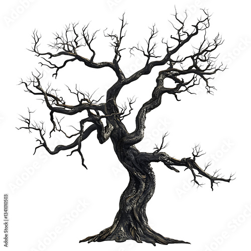 Dead dark ominous leafless spooky tree isolated on white and transparent background