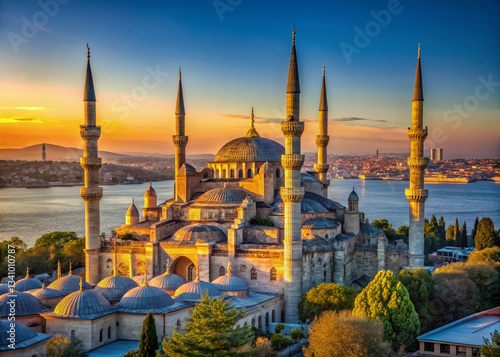Istanbul Blue Mosque Panorama: Stunning Cityscape with High Depth of Field