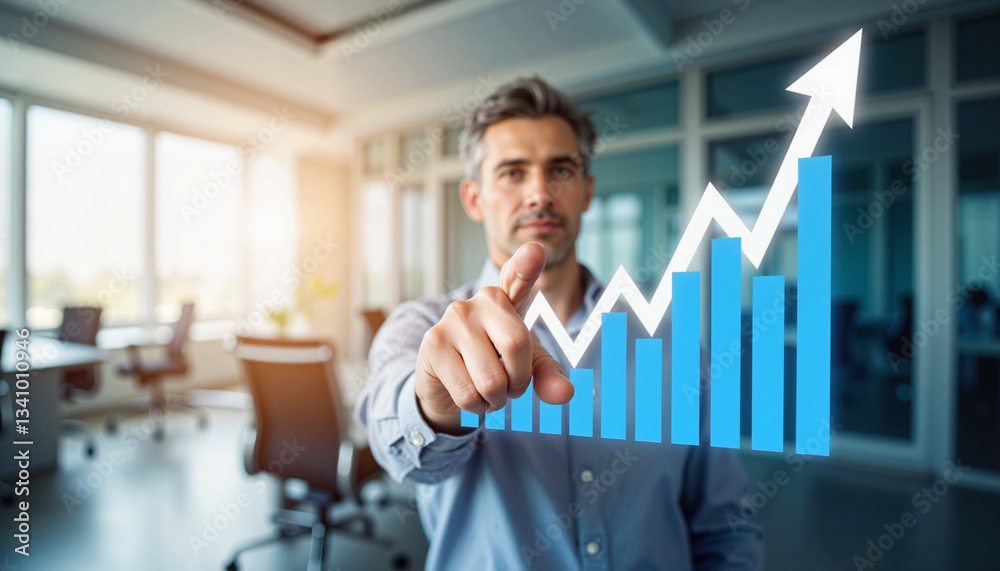Business Leader Interacting with Rising Financial Growth Chart in Modern Office