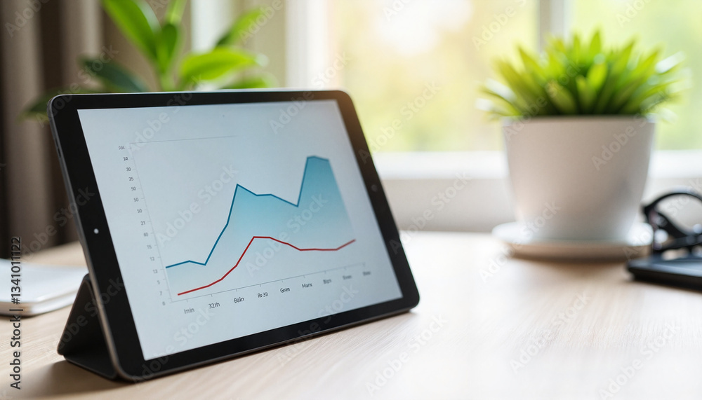 Tablet Displaying Business Analytics and Growth Chart on Modern Office Desk