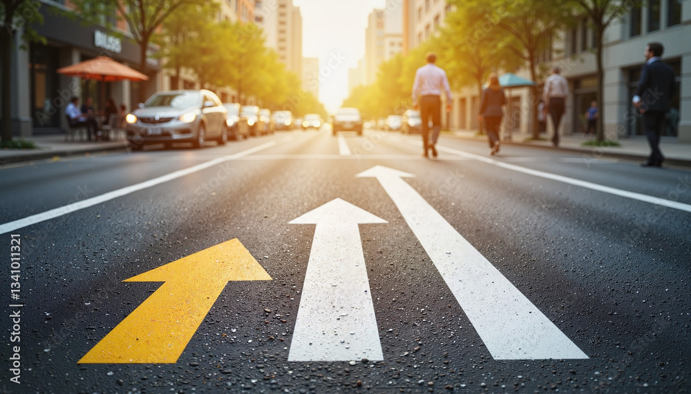 Urban Street with Directional Arrows Leading Towards Sunset in Cityscape
