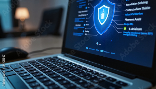 Laptop Screen Displaying Cybersecurity Software with Shield Protection Icon