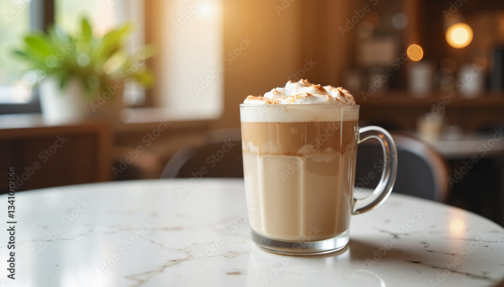 Warm Latte with Whipped Cream and Cinnamon in a Cozy Café Setting