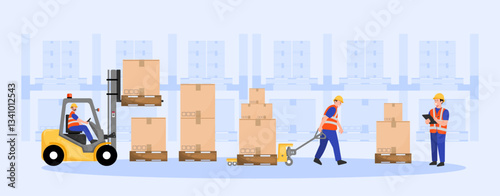 A vector illustration depicting a warehouse scene with workers operating a forklift and transporting boxes, showcasing logistics and material handling.