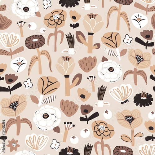 Seamless hand drawn floral pattern. Botanical brown tones creative texture herbaria, design for fabric, apparel, digital papers. Vector illustration