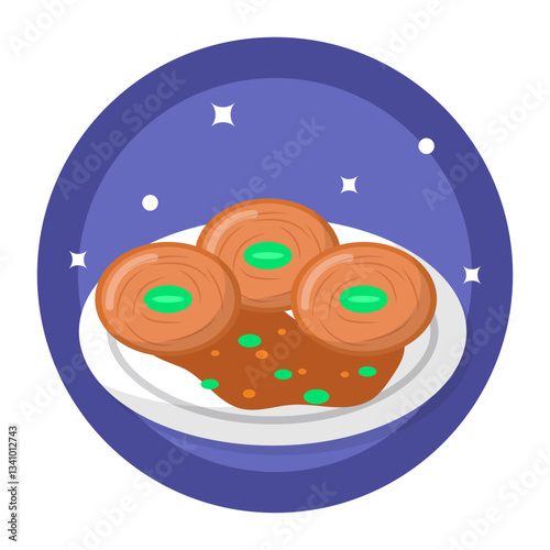 Brown Flank steak roulade concept, Sliced beef rouladen filled with bacon vector icon design, German cuisine symbol Germany Serving Platter sign Deutschland gastronomy food culture stock illustration 