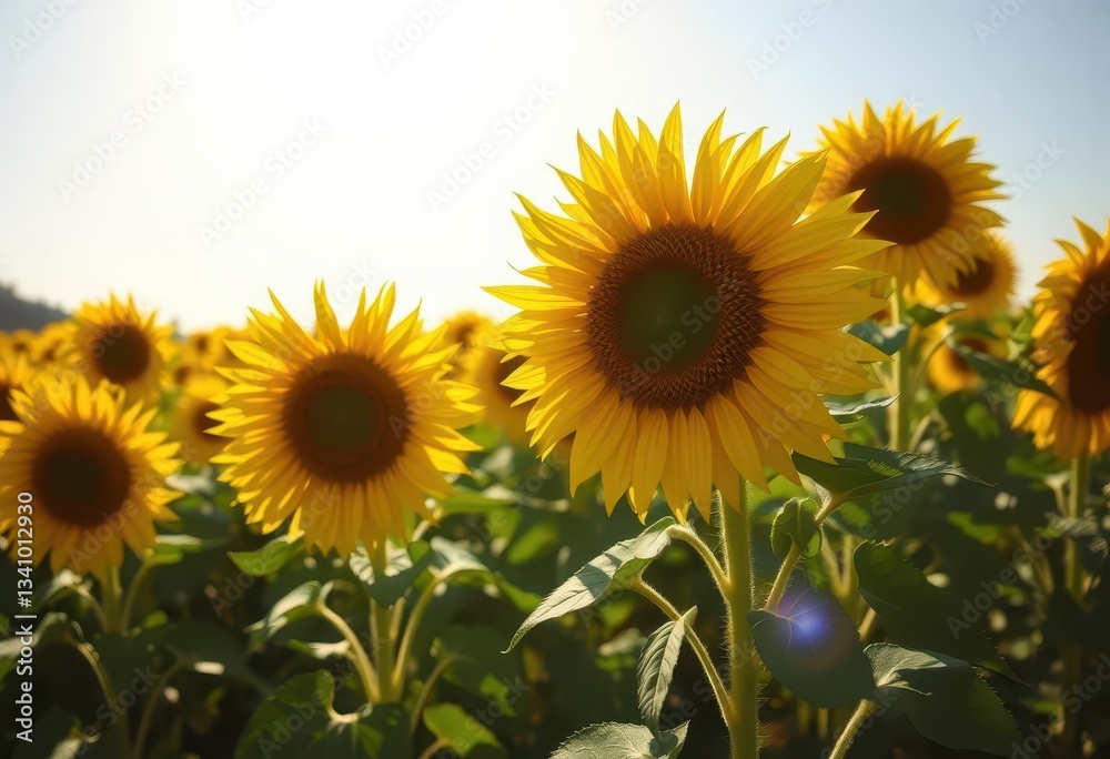 Fototapeta premium Vibrant yellow sunflower field under bright summer sun, summer, stem