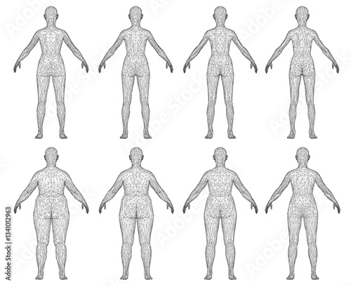 A series of different women's bodies, all of which are overweight. The women are all standing in a row, with their arms outstretched, and their bodies are all different sizes and shapes