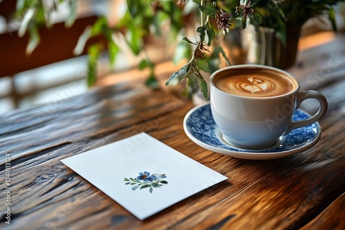 A classic thank-you card with a floral design, placed on a rustic wooden table with a cup of coffee next to it, creating a cozy, welcoming vibe.