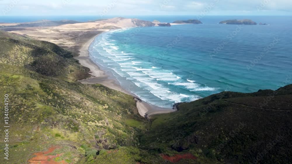 Drone view of beaches, Te Paki giant sand dunes, ocean waves and green coast on a sunny day in Cape Reigna, Northland, New Zealand. Drone view of beaches, Te Paki giant sand dunes, ocean waves and green coast on a sunny day in Cape Reigna, Northland, New Zealand.