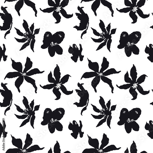 Seamless pattern with black and white hand drawn flowers. Loose botanical repeat background. Rough florals monochrome wallpaper.