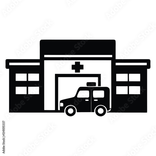Hospital silhouette vector building icons Clinic black on white background.