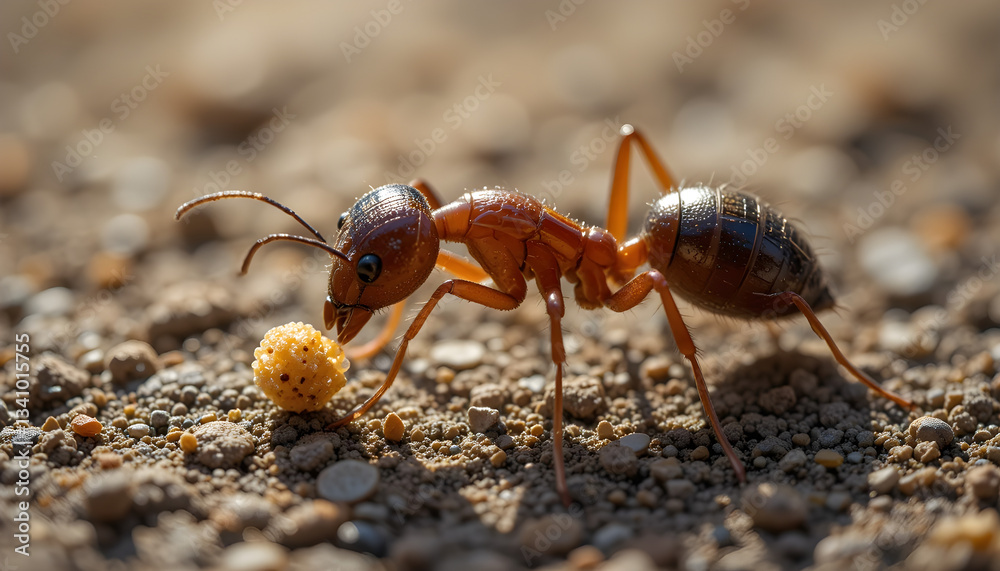 Close up of an ant carrying a small piece of food on sandy ground highlighting its fascinating characteristics in a natural environment Close up of an ant carrying a small piece of food on sandy ground highlighting its fascinating characteristics in a natural environment