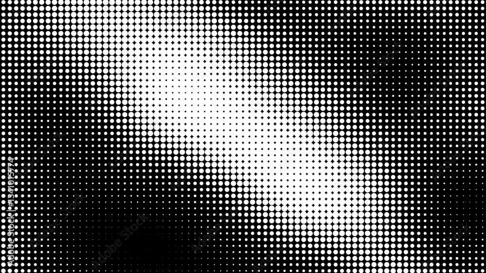 Halftone dot motion pattern seamless looped background. Animated grid of white dots texture against black backdrop, gradient effect overlay