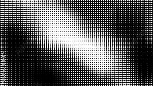 Halftone dot motion pattern seamless looped background. Animated grid of white dots texture against black backdrop, gradient effect overlay