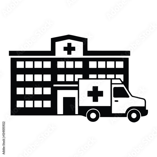 Hospital silhouette vector building icons Clinic black on white background.