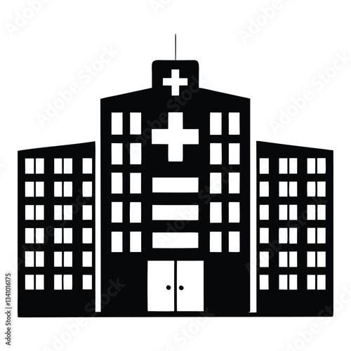 Hospital silhouette vector building icons Clinic black on white background.