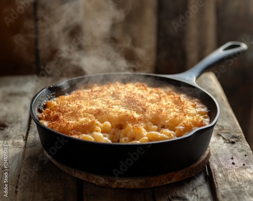 Campfire macaroni cheese in Dutch oven with charred edges, perfect for outdoor cooking guides, RV lifestyle content, or national park visitor center displays. Ember-lit texture storytelling.