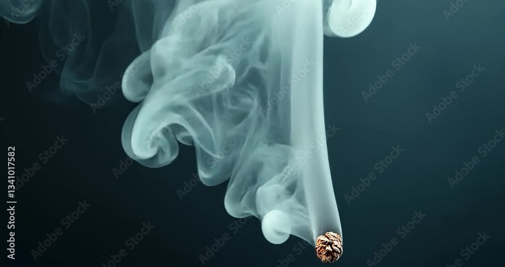 Abstract close-up video of swirling white smoke rising from a small, brown object against a dark teal background. The smoke billows and dances, creating an ethereal and mysterious atmosphere