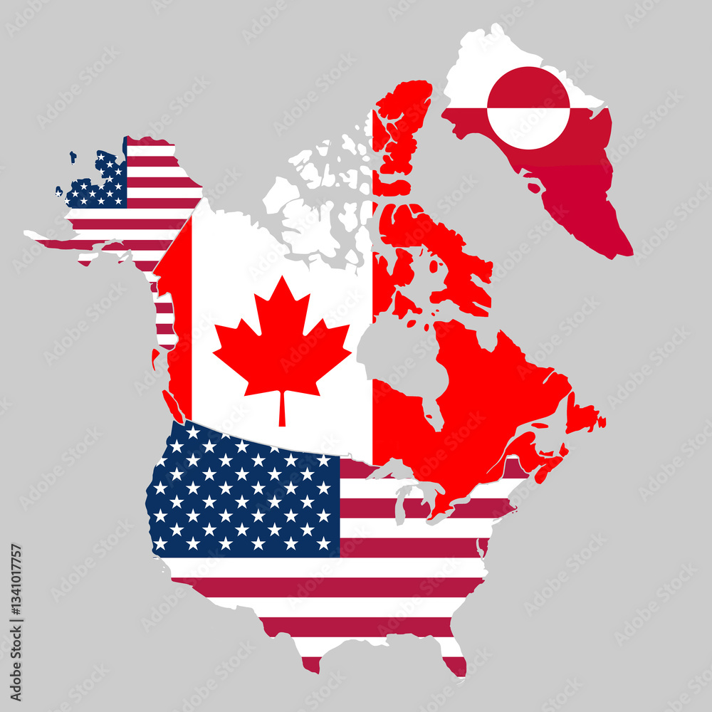 Map of North America with borders and flags colors of United States, Canada and Greenland isolated on grey background