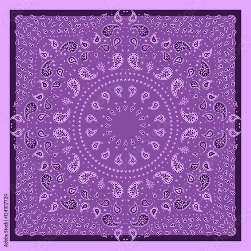Purple scarf or bandana design with paisley mandala pattern. Ethnic monochrome carpet design. Abstract boho background.