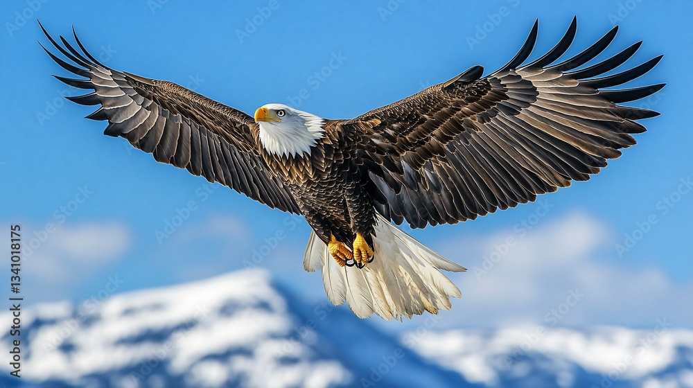 Fototapeta premium Majestic Bald Eagle Soaring High Above Snow-Capped Mountain Peaks
