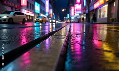 Wallpaper Mural A neon-lit urban street at night with wet pavement reflecting colorful lights, capturing the essence of a futuristic cyberpunk cityscape Torontodigital.ca