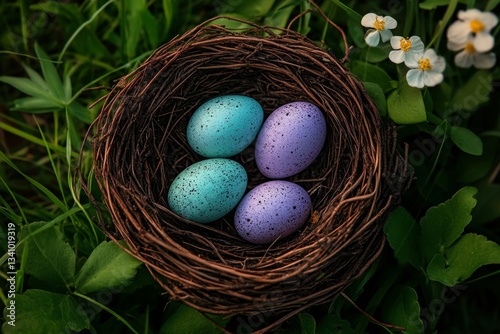 A nest filled with pastel Easter eggs resting on a soft bed of fresh grass and spring flowers