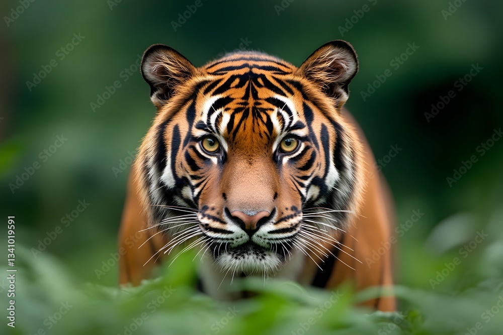 Obraz premium Majestic tiger emerging from dense underbrush