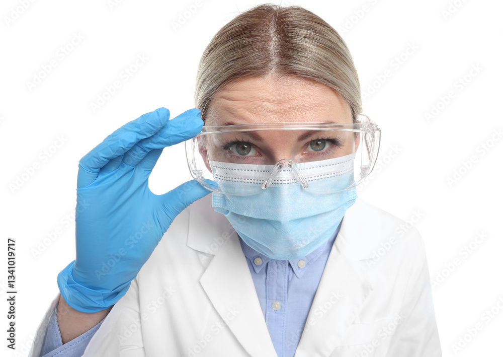 Professional dentist with medical mask and protective goggles on white background Professional dentist with medical mask and protective goggles on white background