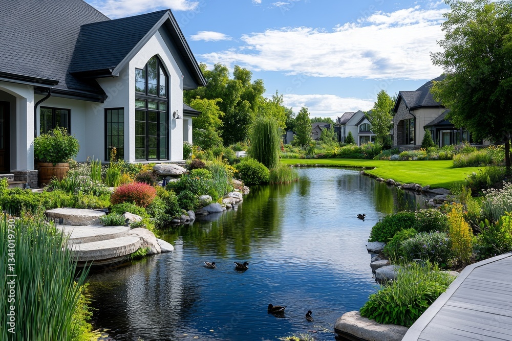 A peaceful lake surrounded by eco-friendly homes in a senior agrihood community, with ducks swimming on the water A peaceful lake surrounded by eco-friendly homes in a senior agrihood community, with ducks swimming on the water