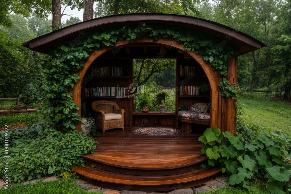 Naklejka premium A peaceful reading nook in a community garden, with seniors sitting under a pergola covered in vines, enjoying books