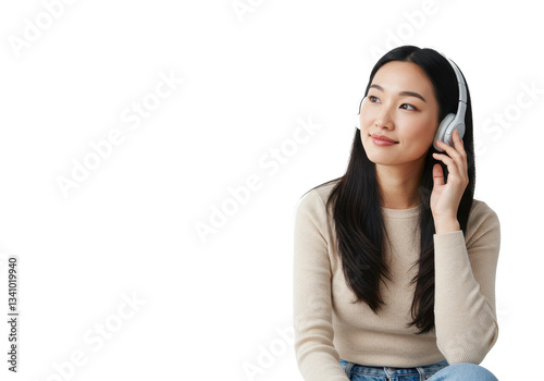 Horizontal photo of woman feeling calm and peaceful listening to music via wireless headphones isolated on White background