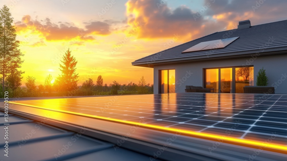 A modern home with solar panels installed on the roof capturing the sun s energy and embracing sustainable living at a breathtaking sunset A modern home with solar panels installed on the roof capturing the sun s energy and embracing sustainable living at a breathtaking sunset