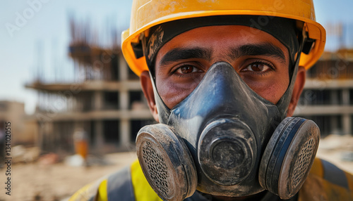 A dedicated Egyptian worker is captured wearing a protective mask and helmet at a construction site. His intense gaze reflects hard work and commitment to safety during labor