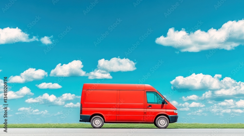 Fototapeta premium Red Delivery Van on Open Road Under Blue Sky