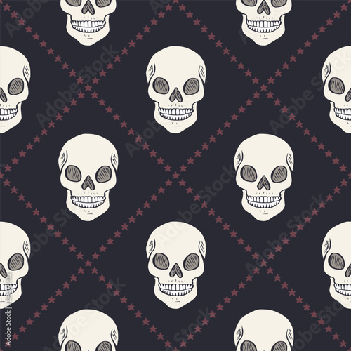 Seamless pattern with hand drawn human skulls inside trellis. Halloween repeat background. Day of dead wrapping design.